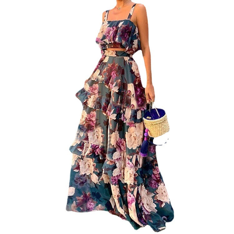 Cross-border 2026 Amazon European and American Clothing New Fashion Floral Top Suspender Ruffled Cake Skirt Set for Women