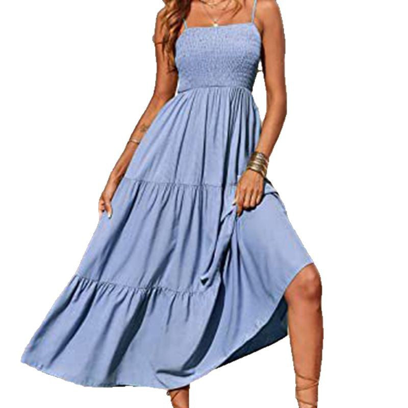 Cross-border summer European and American new Amazon women's solid color bandeau waist ruffle slip dress women's 661