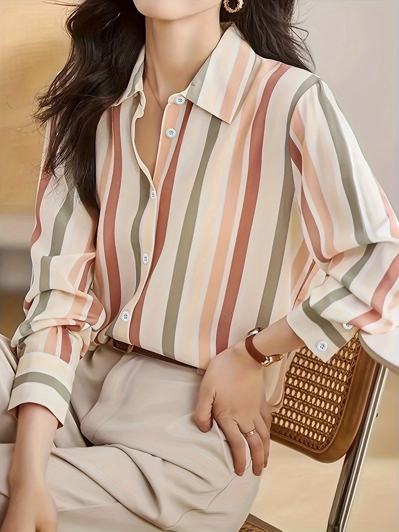 Cross-border foreign trade contrast temperament striped shirt women's 2024 spring summer new niche retro lapels are loose and slim