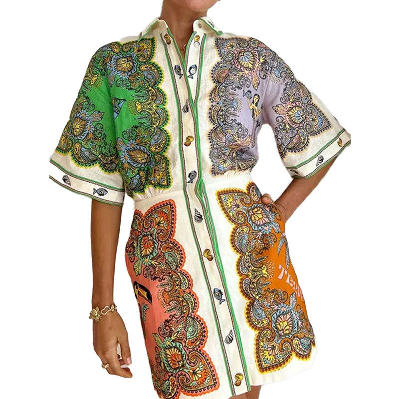 2026 Spring New Cross-border European and American Lapel Printed Shirt Dress Fashion Casual Slim Fit Short Dress