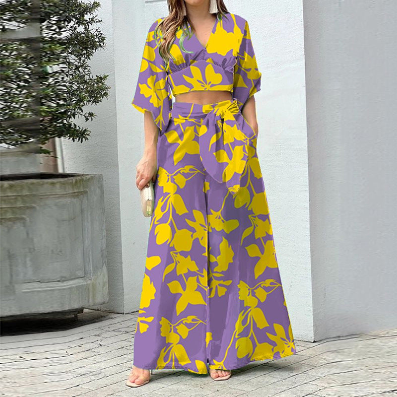 2026 Amazon European and American Women's V-neck lantern sleeves long sleeve short top wide-leg pants fashion suit women's two-piece set