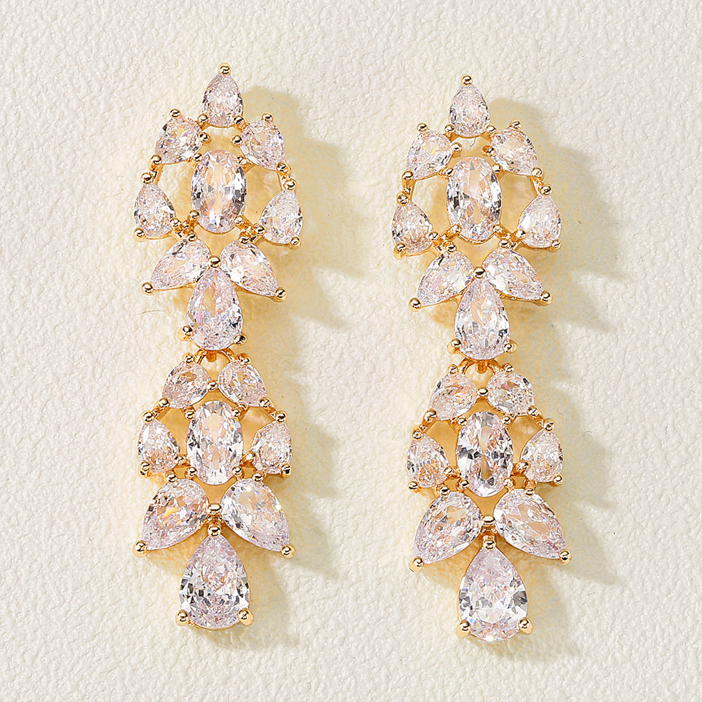 Foreign trade new waterdrop zircon stud earrings long tassel earrings, three-color full diamond earrings, niche design for women