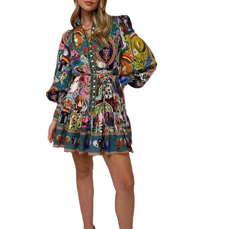 2026 Cross-border European and American Clothing Printed Crew Neck Cinching Waist Pleated Ruffled Vintage Pleated European and American Dress