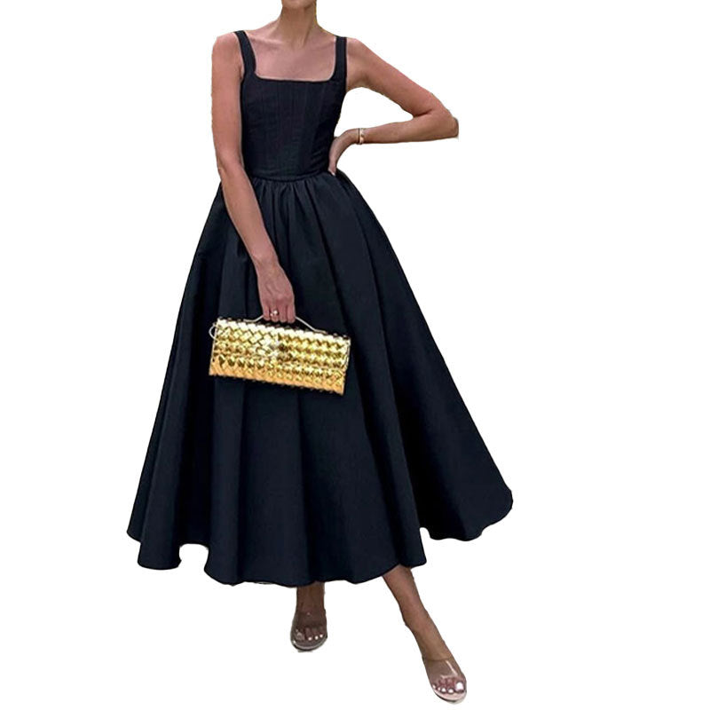 Comércio externo 2026: vestuário feminino europeu e elegante em estilo literário, com blusa ombro a ombro, sem mangas e corte evasé. Vestido europeu e americano.