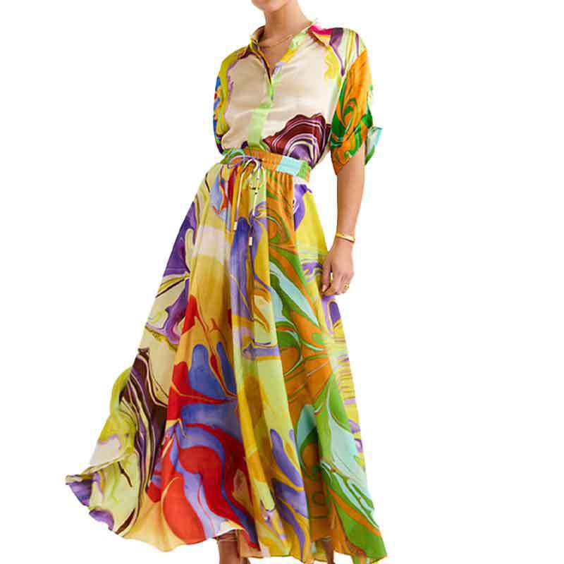 Spring 2026 new cross-border European and American fashion printed loose top lace-up skirt set