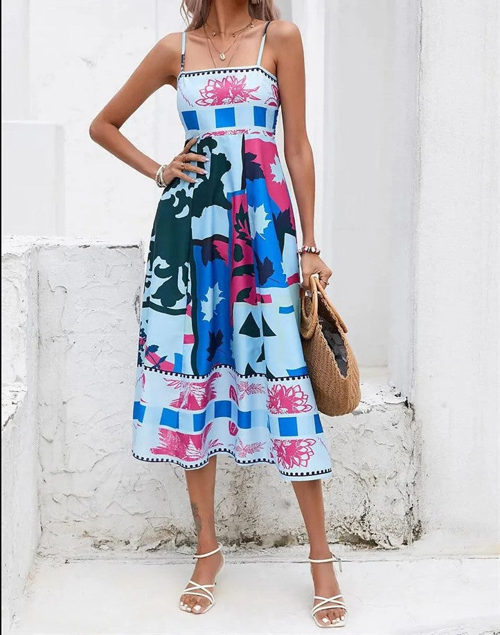 Europe and the United States 2023 Foreign Trade Cross-border Independent Station Summer Women's Clothing Sexy Positioning Printed Suspender Sleeveless Swing Dress