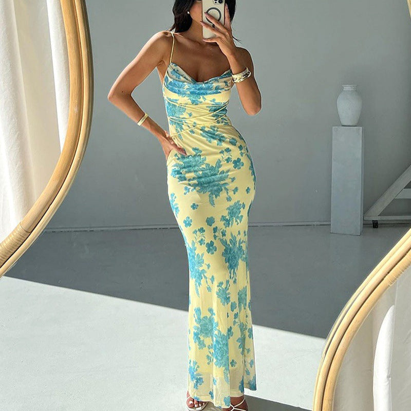 European and American clothing 2026 new strap-on long skirt floral slim hip print pocket collar suspender European and American dress