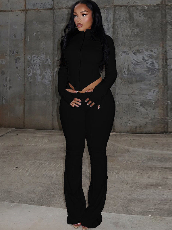 Cross-border autumn and winter new European and American clothing solid color stand-up collar sexy crop top long sleeve top high-waisted bell bottom pants suit for women