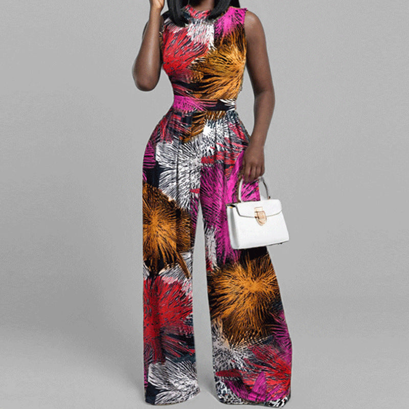 Amazon, Europe and the United States, cross-border fashion printed women's clothing, temperament, casual personality trousers, slim sleeveless jumpsuits