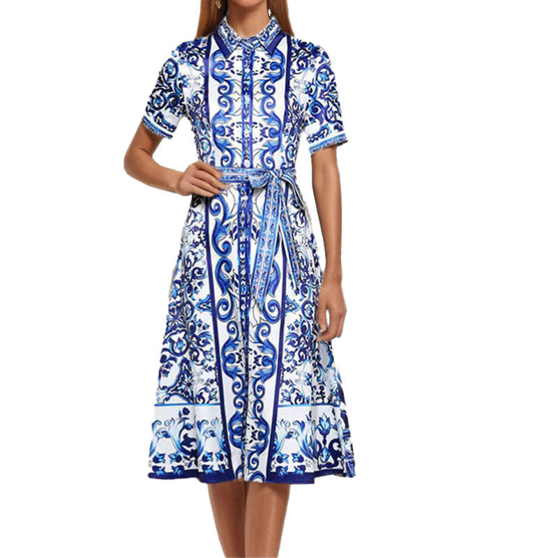 2026 Amazon European and American foreign trade women's spring new lapel long-sleeved national style print lace-up short-sleeved dress