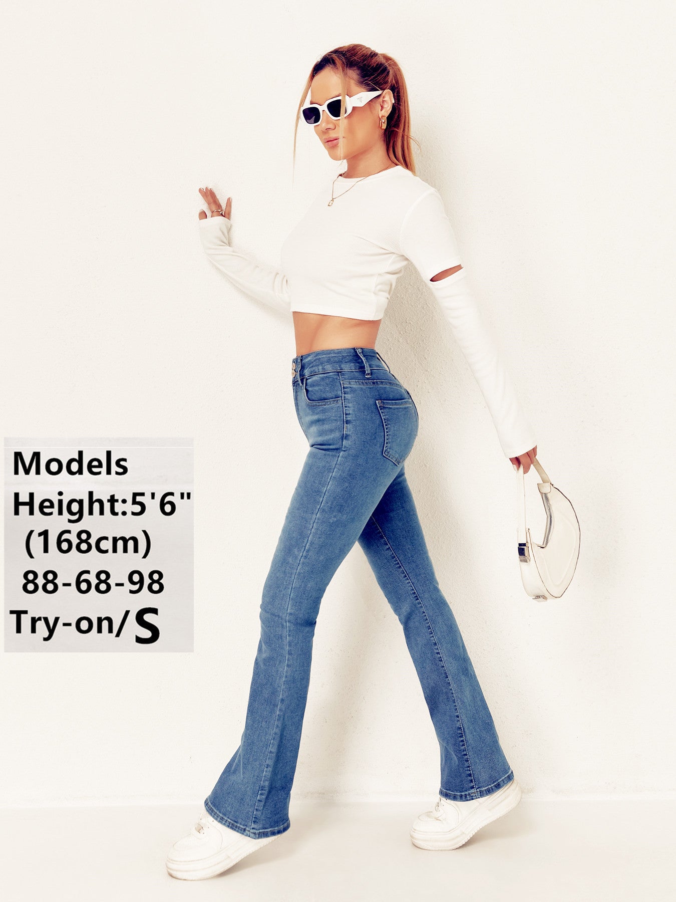 European and American cross-border trend women's clothing high-waisted double-button stretch slim slimming bootcut denim trousers WOMEN JEANS