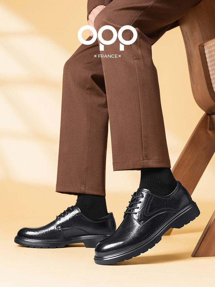 OPP leather shoes spring British black versatile wedding business casual formal pleated thick sole leather derby shoes for men