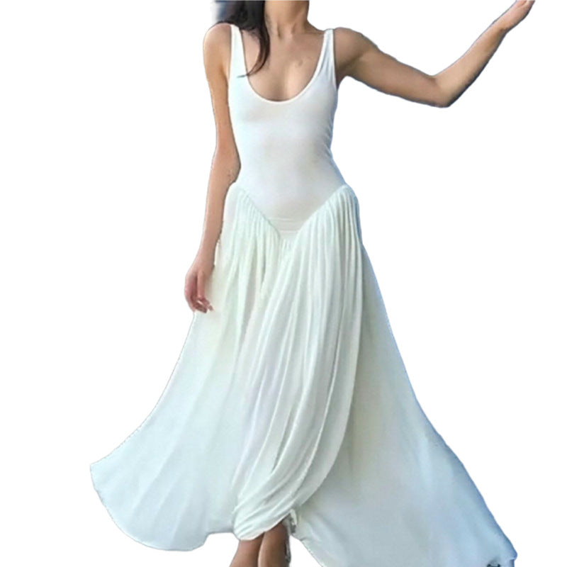 2025 summer new cross-border European and American fashion casual versatile U-neck suspender solid color slim waist dress for women