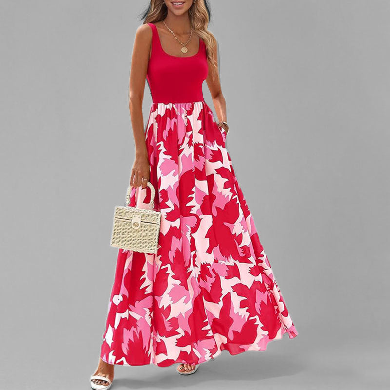 2025 Summer Amazon Cross-border European and American Fashion Temperament Elegant Fashion Printed Suspender Long High-Waisted Dress