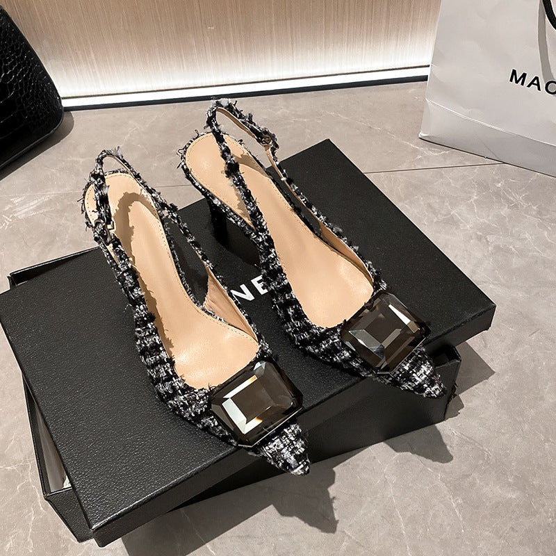 WO Huizhou City 2026 New Fashion Small Fragrance European and American Toe Back Air Sandals Coarse Tweed Gemstone Pointed Thin Heels