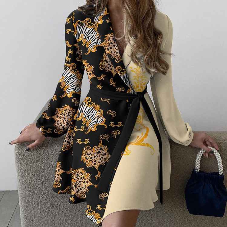 Foreign trade European and beautiful women's clothing 2026 new temperament commuter lapel lace-up one-piece color-blocking long-sleeved cross-border dress