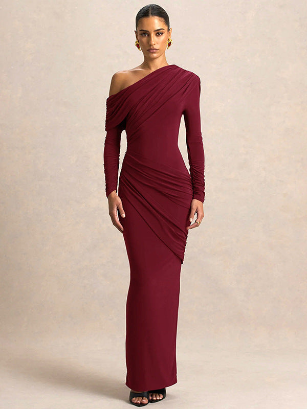 Foreign trade European and beautiful women's autumn and winter new fashion solid color diagonal collar long sleeve irregular pleated temperament hip wrap dress