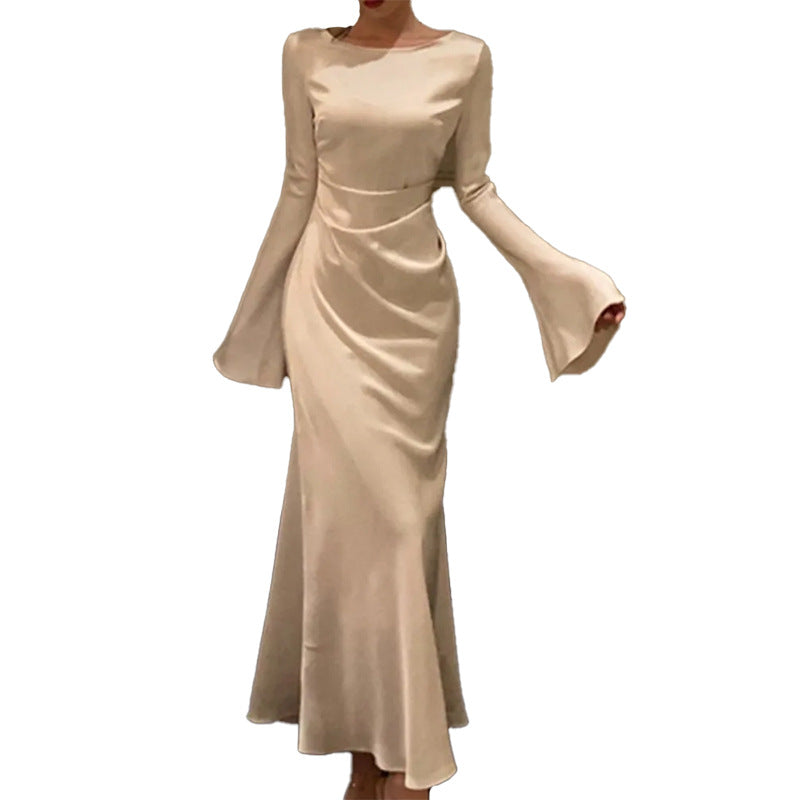 2025 European and American women's summer new cross-border elegant commuting solid color high waist long sleeve fashion dress women's 661