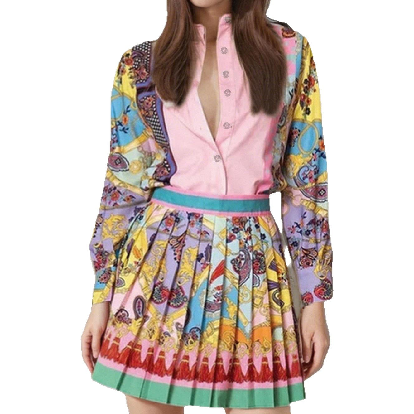 2025 Spring European and American Cross-border Women's New Printed Long-sleeved Shirt Top + Pleated Skirt Set Women's Two-Piece Set