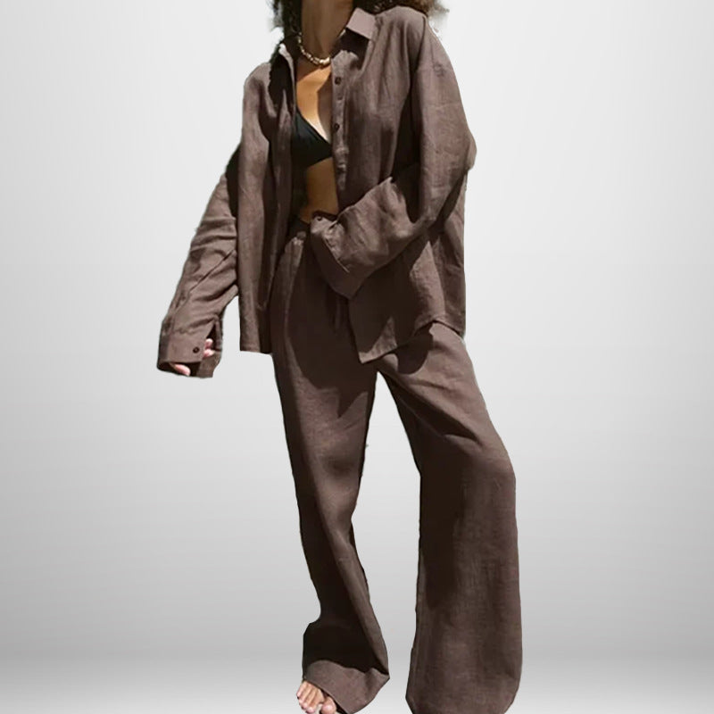 Cross-border Europe and the United States 2025 summer new cotton and linen suit women's fashion solid color loose casual trousers two-piece set