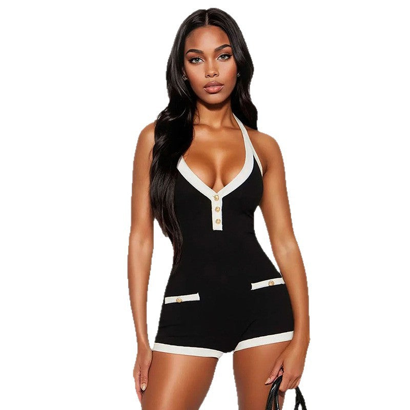 Cross-border new European and American clothing fashion black and white contrasting sexy V-neck halterneck open back strap ultra-short jumpsuit women