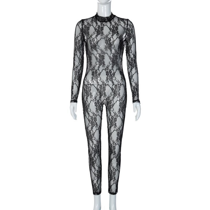 European and American cross-border lace see-through jumpsuit women's 2023 new summer slim fashion sexy long-sleeved jumpsuit for women