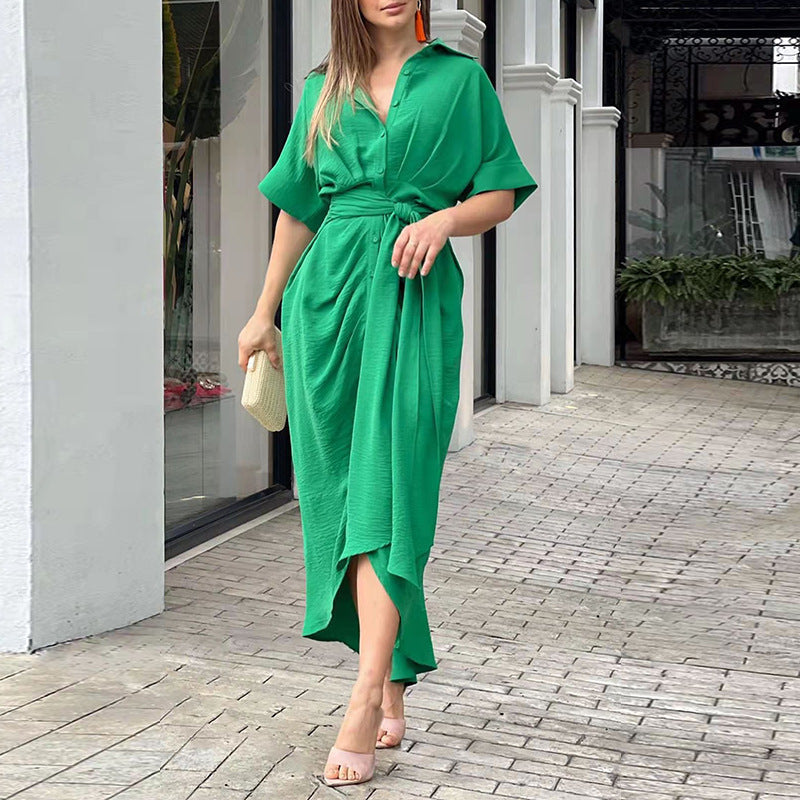 Foreign Trade 2026 Amazon INS European and American Cross-border Women's Printed Lapel Short Sleeve High Waist Long Shirt Dress