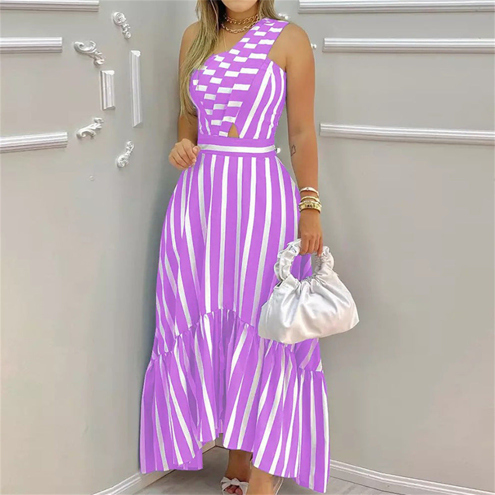 Amazon Summer Autumn 2025 New Slanted Shoulder Print Striped Sexy Cutout Personalized Design Dress Women 661