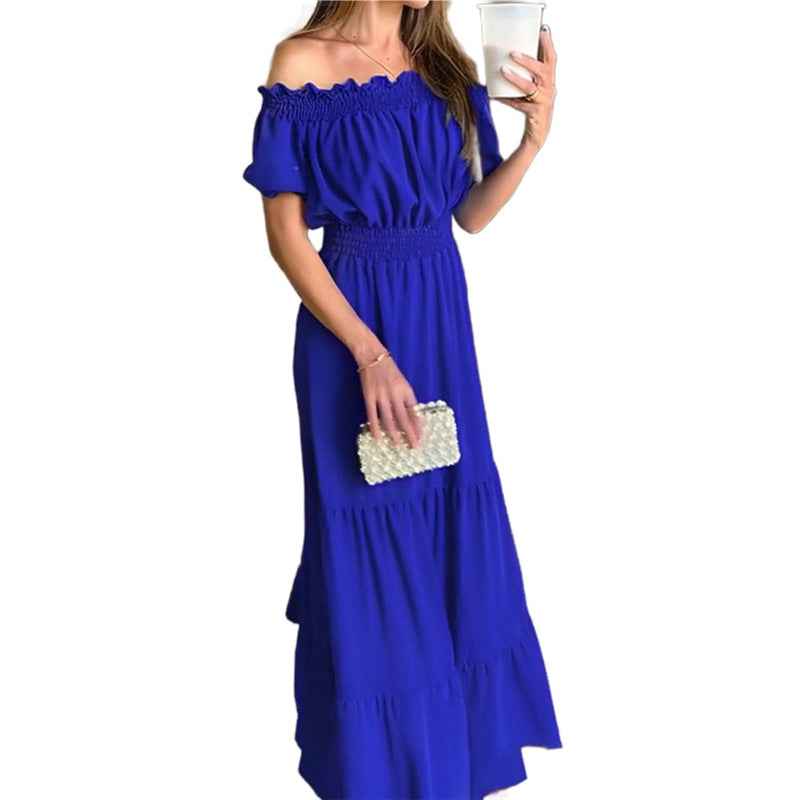 2025 European and American cross-border foreign trade new fashion solid color lotus lace leaf edge bandeau puff sleeve big swing dress for women