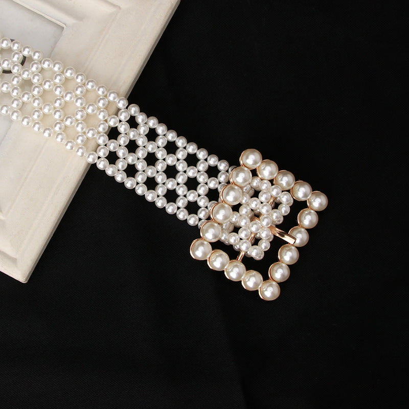 New product trend ladies belt sweet fashion imitation pearl woven waist chain elegant ladies dress decorative belt