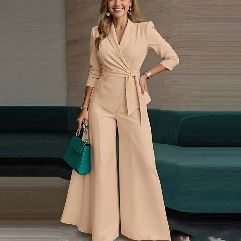 2026 spring cross-border European and beautiful fashion commuter solid color lace-up jacket trousers two-piece set