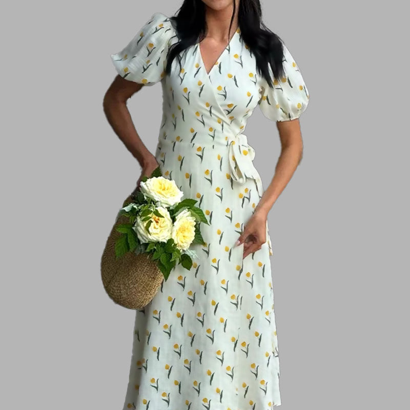 Spring 2026 new V-neck dress floral print puff sleeves waist slim temperament slim dress