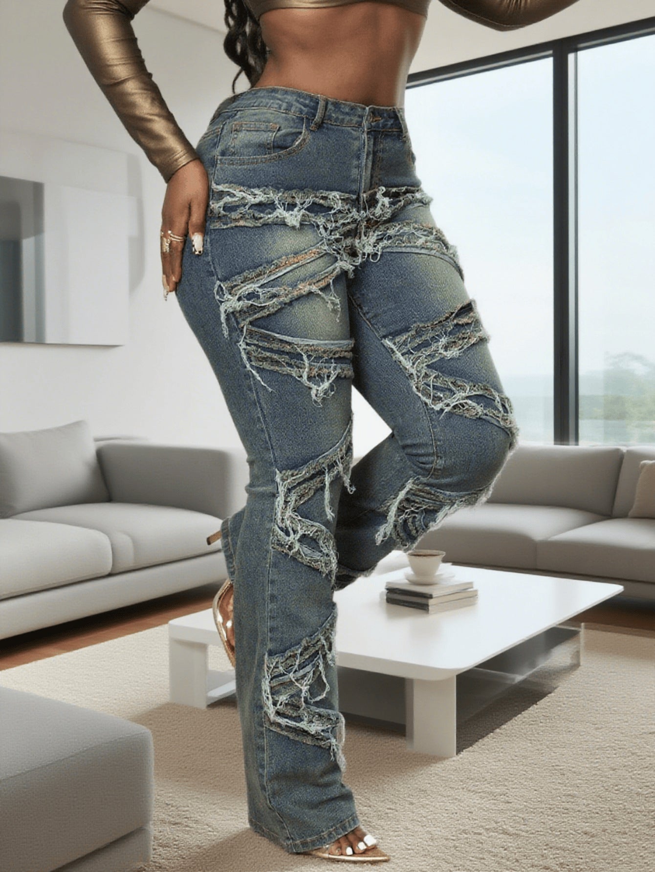 European and American foreign trade TEMU TK cross-border explosive multi-process strips blue washed tassel denim trousers female JEANS