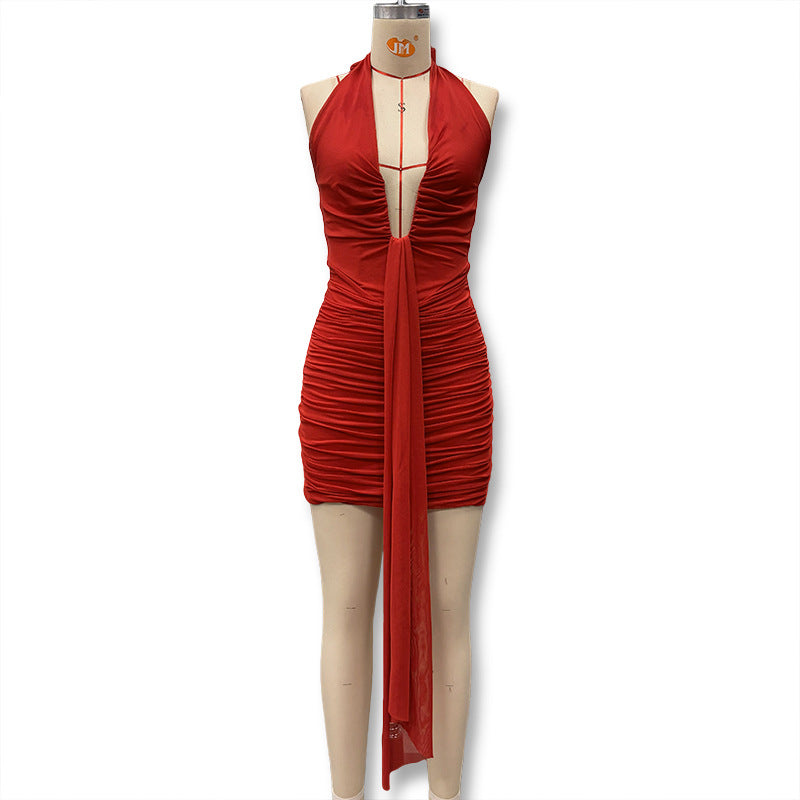 Vestido sexy para mulher com decote halter e costas em V profundo, padrão leopardo, novo modelo para o outono e inverno, ideal para mulheres modernas e com estilo.