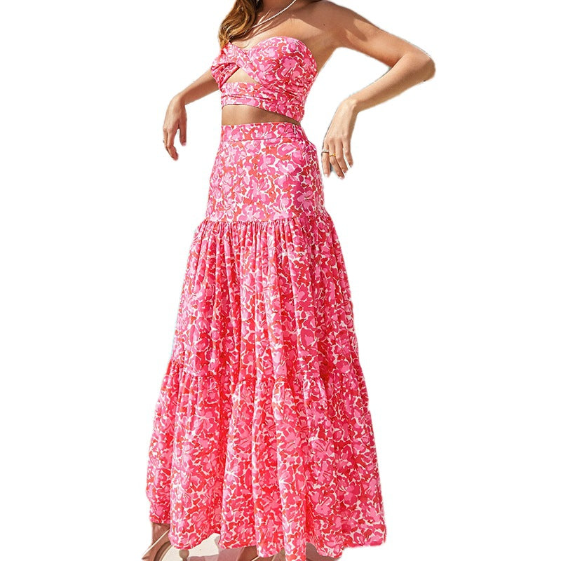 2025 Amazon European and American Fashion Two-Piece Pink Floral Twist Cutout Elastic Skirt Set 661