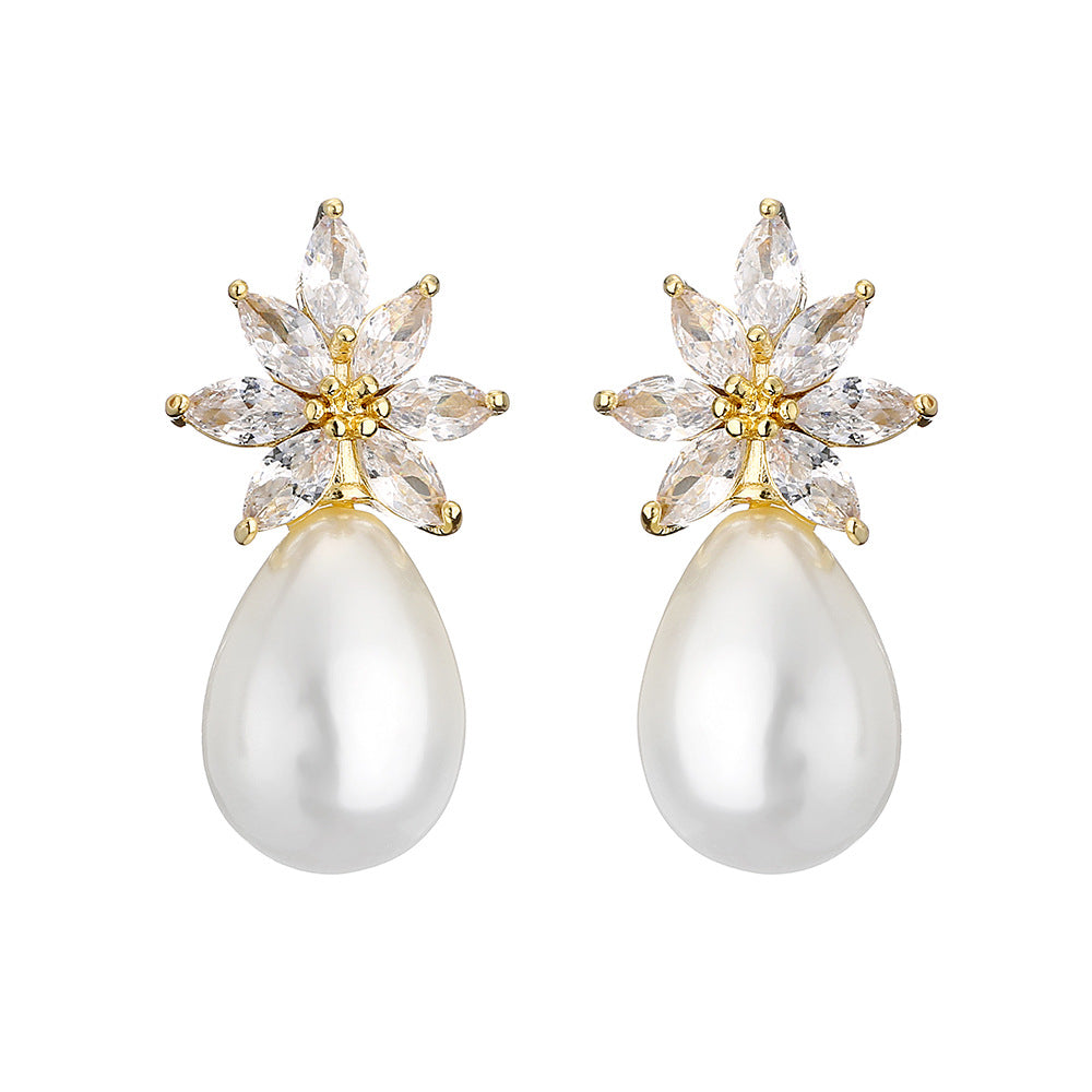 Cross-border bestseller: floral water drop faux pearl stud earrings with diamonds and zircon earrings, light luxury high-end accessories, wedding banquets