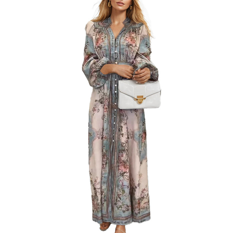 2026 dress cross-border European and American clothing new elegant V-neck fashion print long sleeve European and American dress