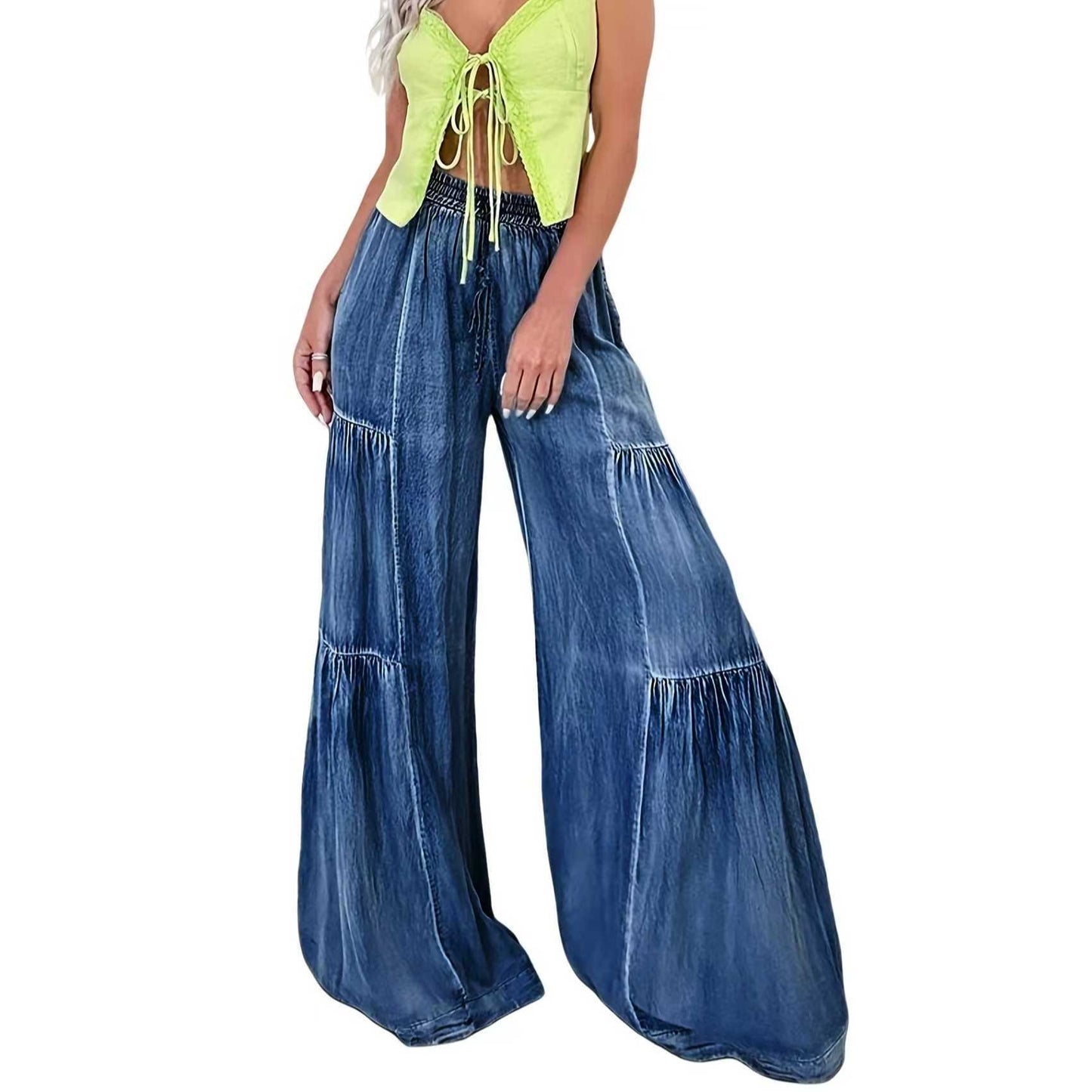 Retro-style layered spliced denim wide-leg pants women's high-waisted, elasticated waist, large flared drape, floor-length casual trousers