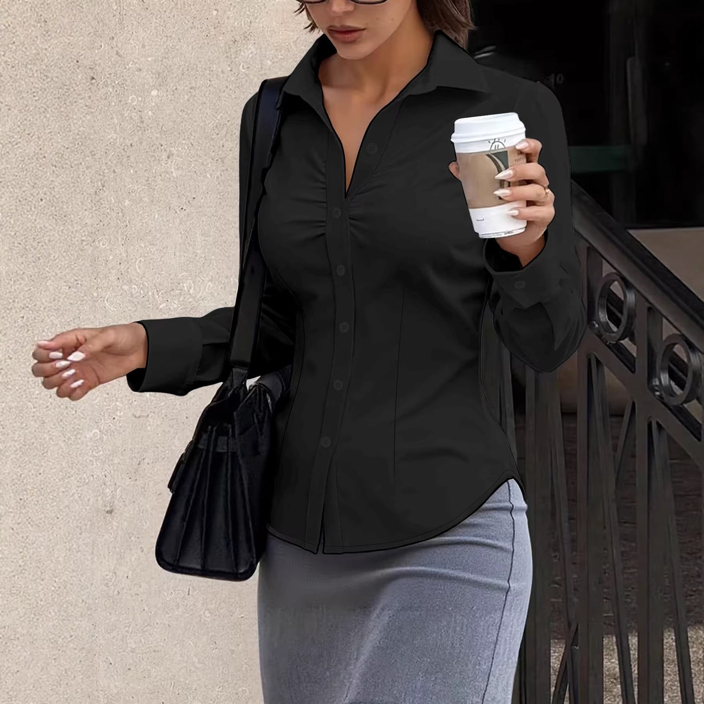 Women's solid-color slim-fit waist-cinching shirt with pleated front design, long-sleeve lapel buttons, professional office shirt