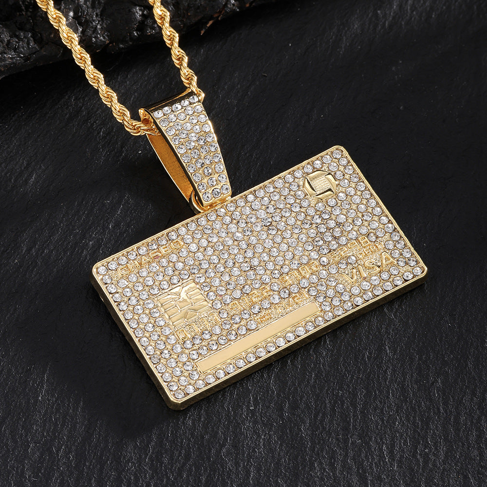 European and American hip hop full diamond domineering hang tag pendant necklace men's trend personality street wear Cuban chain necklace