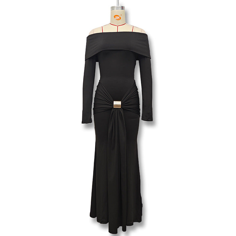 European and American autumn and winter new women's fashion solid color sexy one-shoulder metal decoration waist strap hip wrap dress