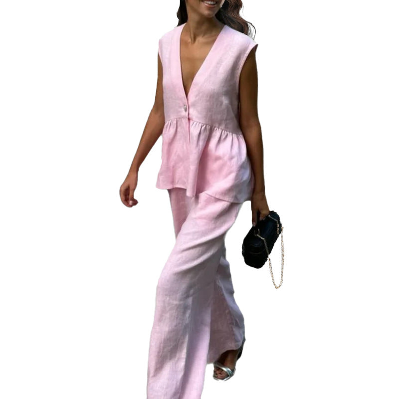 Cross-border Europe and the United States 2026 new products, V-neck button-down tops, vests, trouser suits, solid color temperament, commuting two