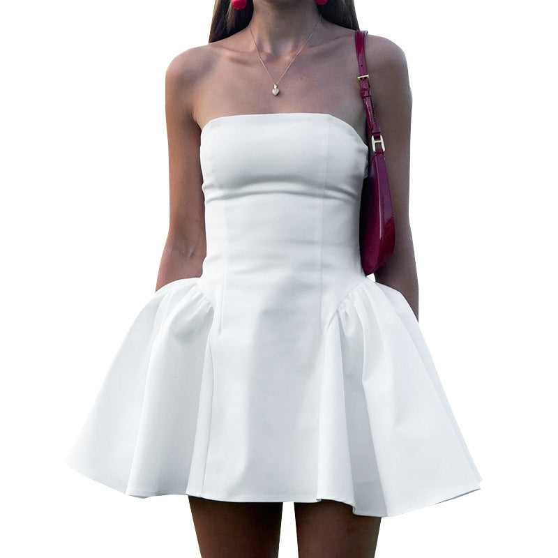 Cross-border 2025 summer new European and beautiful clothing solid color temperament elegant bandeau big skirt high-waisted pleated dress