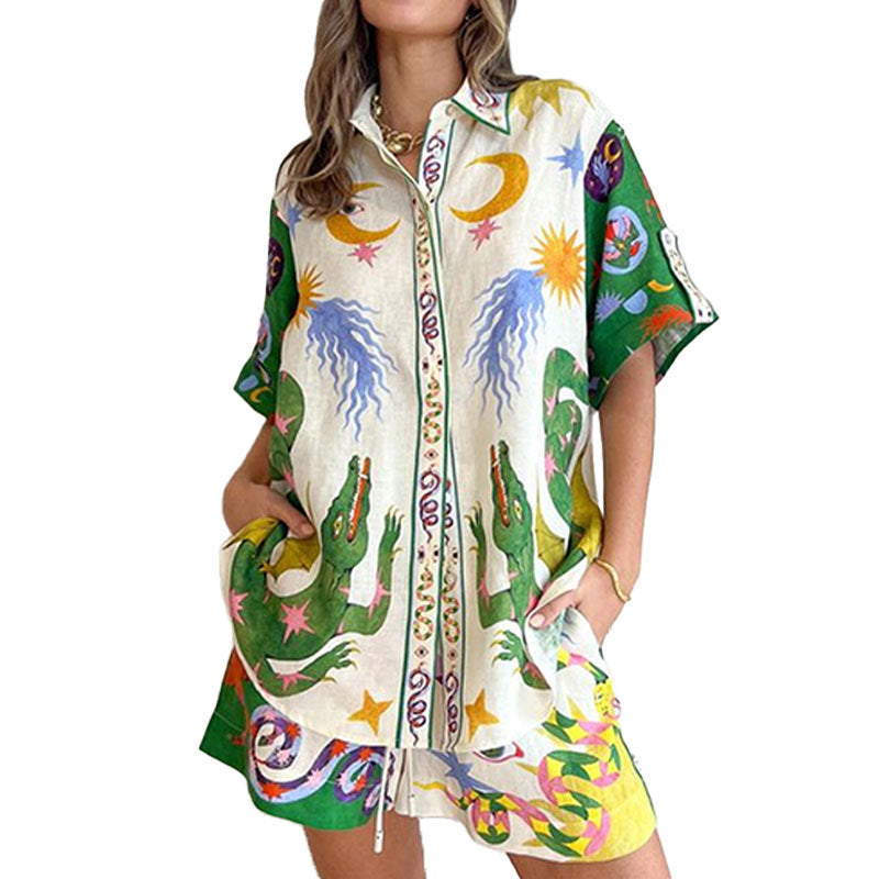 2026 New AliExpress Independent Station Loose Casual Shorts Fashion Versatile Printed Daisy Flower Short Sleeve Two-Piece Set