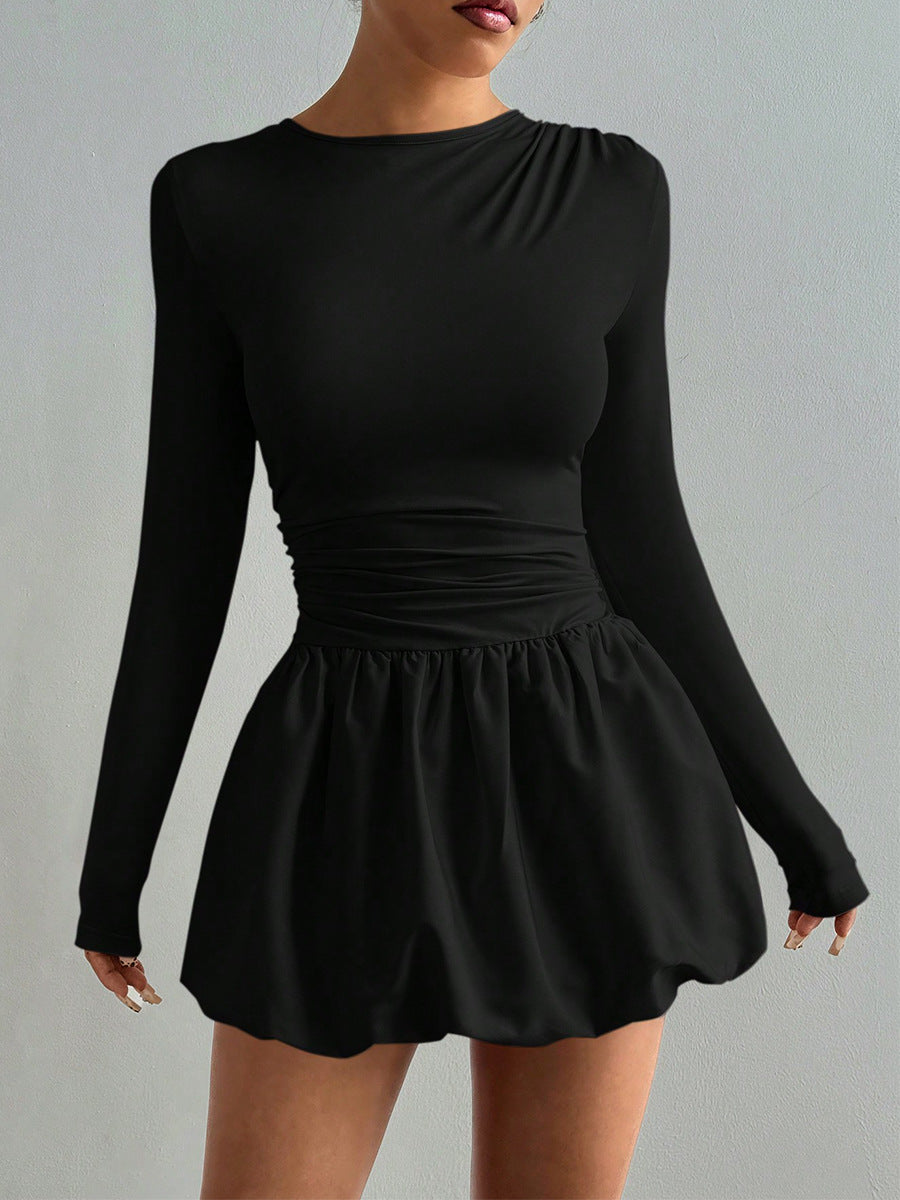 Customized European and American temperament slim long sleeve dress black knitted elastic lantern skirt women's clothing to picture mass processing