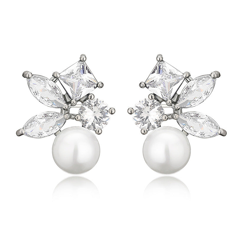 RAKOL European and American Cross-border Fashion Commuter Personalized Earrings, Square Horse Eye Zircon Pearl Simple Earrings
