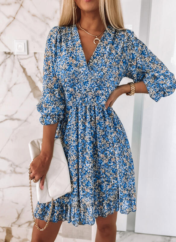 2023 floral midi skirt cinched waist, pullover puff sleeve dress, short sleeve boho print skirt, versatile high waist