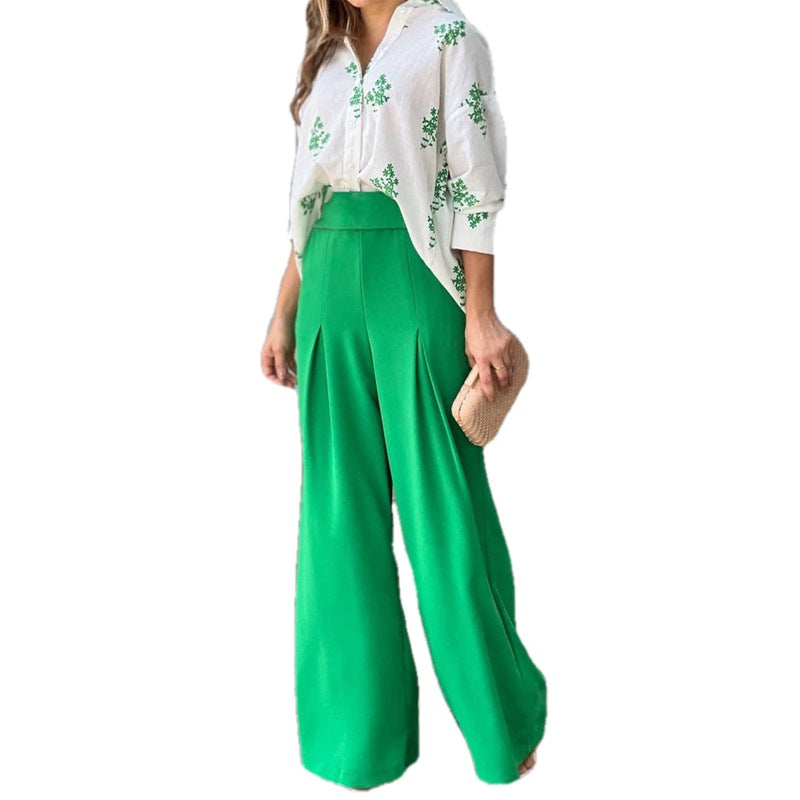 2025 European and American clothing temperament loose printed shirt women's high-waisted wide-leg pants fashion suit women's two-piece set 661
