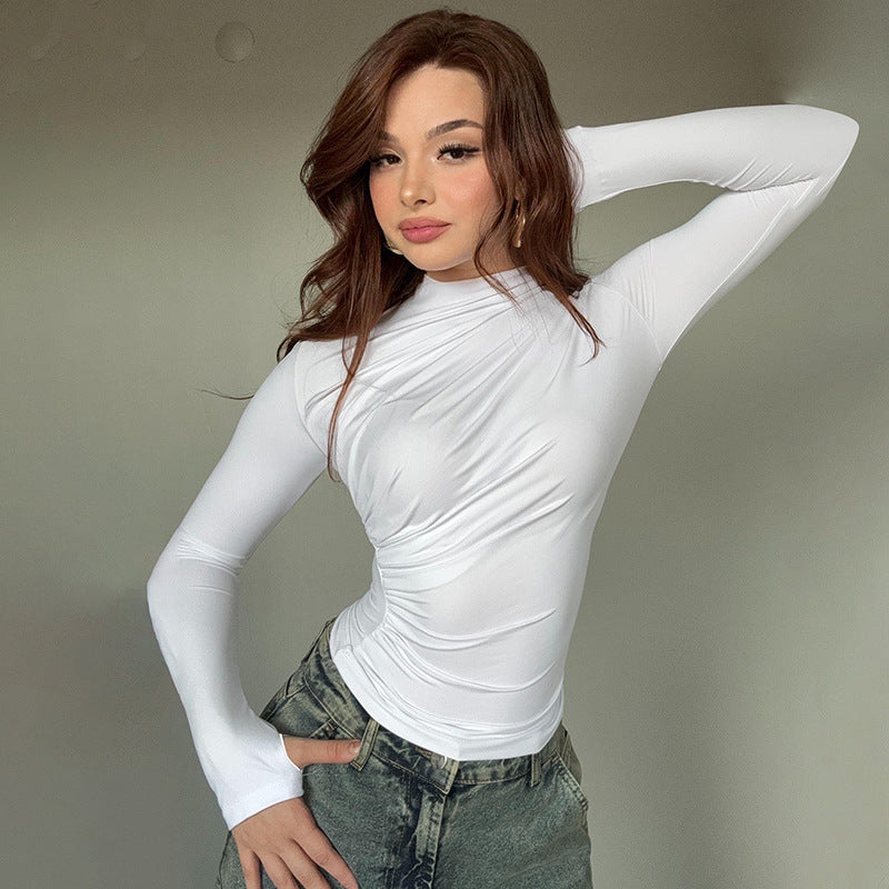 Cross-border European and American women's autumn new solid color slim long-sleeved base top, sexy hot girl pleated tight T-shirt