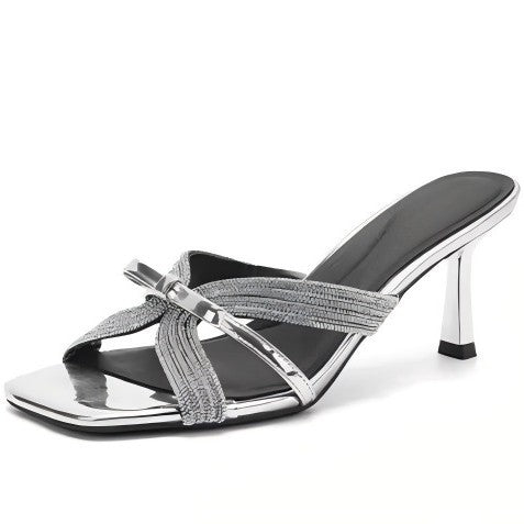 2026 thin heel square toe half-slipped sandals wear summer rhinestone high heels women's silver sandals Internet celebrity bow style